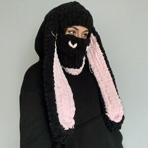 Women's Black Pink Bunny Hat Knit Plush Long Ears Fluffy Cosplay Party Hat